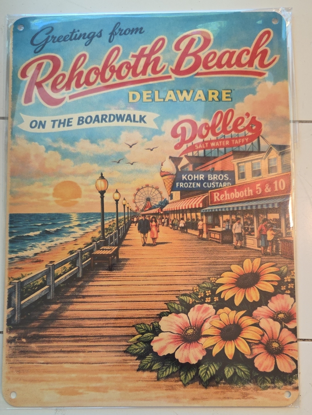 Rehoboth Beach Delaware Vintage-Style Metal Sign with Flowers